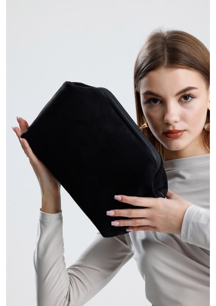 Kadın Siyah Süet Clutch El Çantası