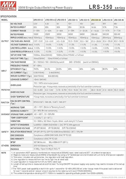 Mean Well LRS-350-24 350,4 W 24 V 14,6 Amp Tek Çıkışlı Değiştirilebilir Güç modelleri