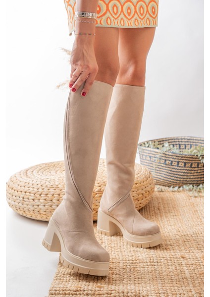 Kadın Döner Fermuarlı Diz Boyu Çizme Bej Süet