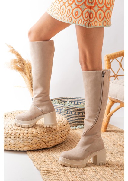 Kadın Döner Fermuarlı Diz Boyu Çizme Bej Süet modelleri