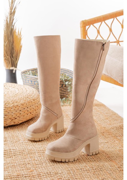 Kadın Döner Fermuarlı Diz Boyu Çizme Bej Süet fırsatları