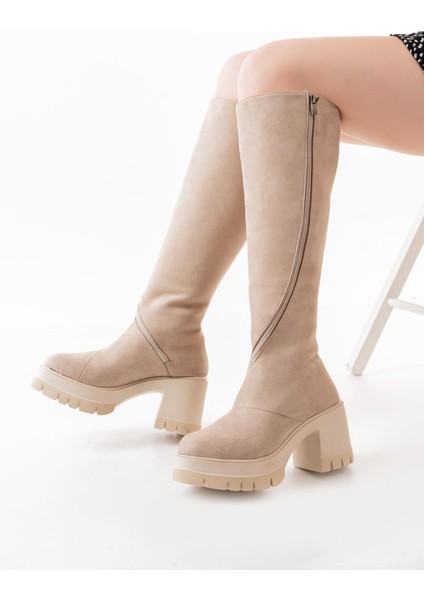 Kadın Döner Fermuarlı Diz Boyu Çizme Bej Süet indirimleri