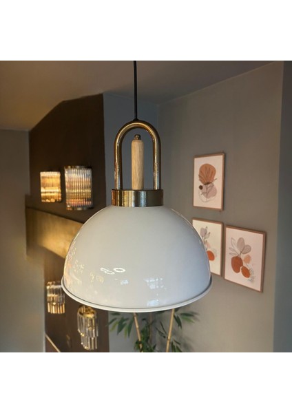 Yimpi Beyaz Ahşap Eskitme Kilit Başlık Avize Tekli Sarkıt Salon Dekoratif Aydınlatma Pastane