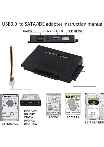 USB 3.0 Ide/sata Sabit Sürücü Adaptörü, Harici Dönüştürücü Için 2.5 "3.5" Ide Sata HDD SSD DVD Optik Sürücü, Evrensel Sabit Disk Okuyucu W/12 V 2A Güç Kaynağı Desteği 6 Tb modelleri