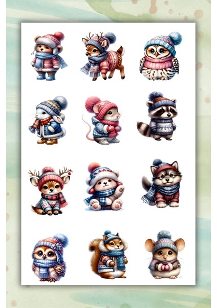 Sevimli Hayvanlar Kış Temalı Sticker Etiket Bullet Journal/telefon/tablet