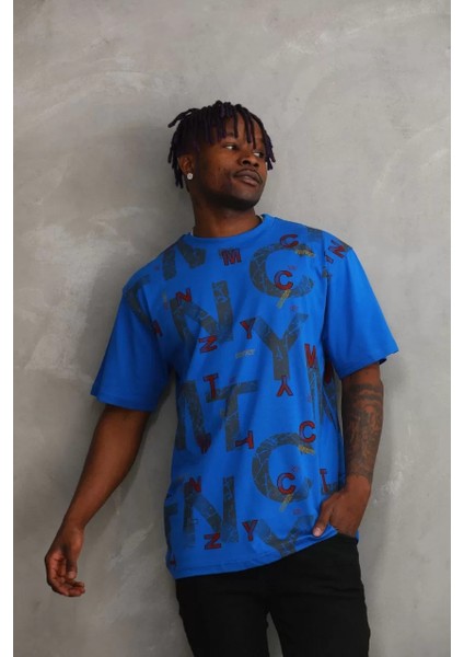 Unisex Baskılı Oversize T-Shirt - Mavi modelleri