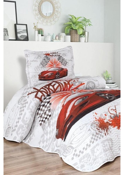 Fast Car Baskılı Kapitoneli Tek Kişilik Yatak Örtüsü Kırmızı