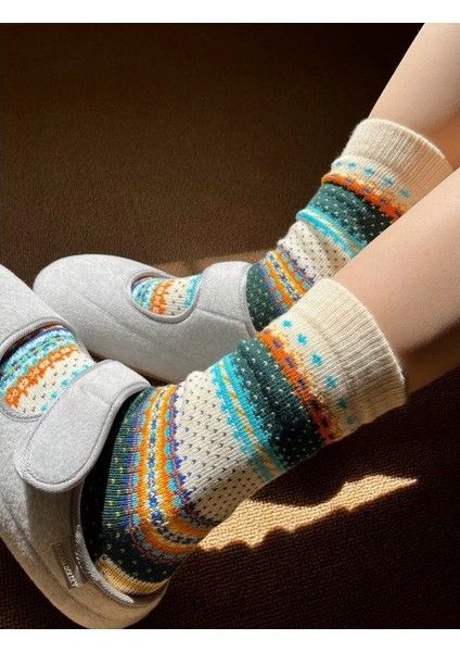 Kadın Çorapları Kalın Çizgi Haki Retro Etnik Tarzı Ins Trend Orta Bozul Yığın Çorapları (Yurt Dışından) indirimleri