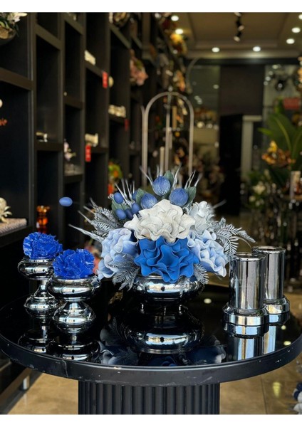 Yapay Çiçekli Gümüş Yassı Vazo 5 Parça Set No:3