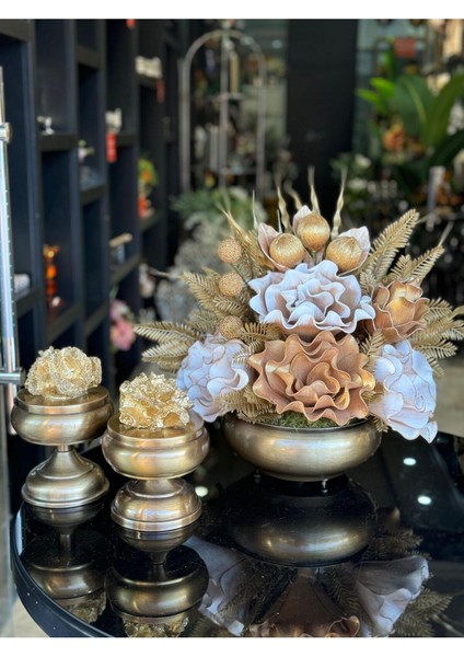 Yapay Çiçekli Antik Yassı Vazo 3 Parça Set No:2