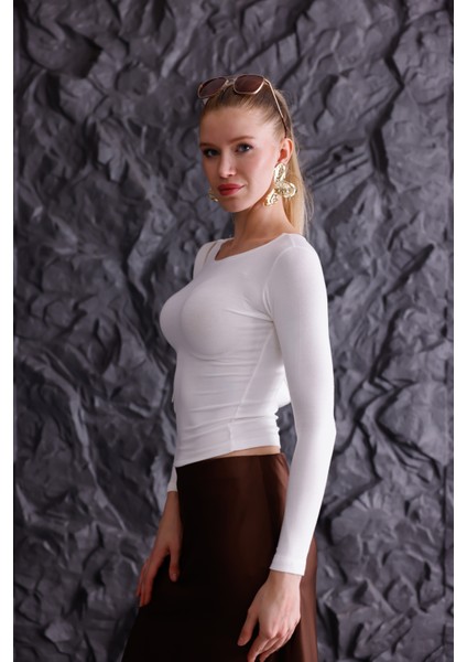 Buzzy Kumaş Uzun Kollu Kayık Yaka Bluz