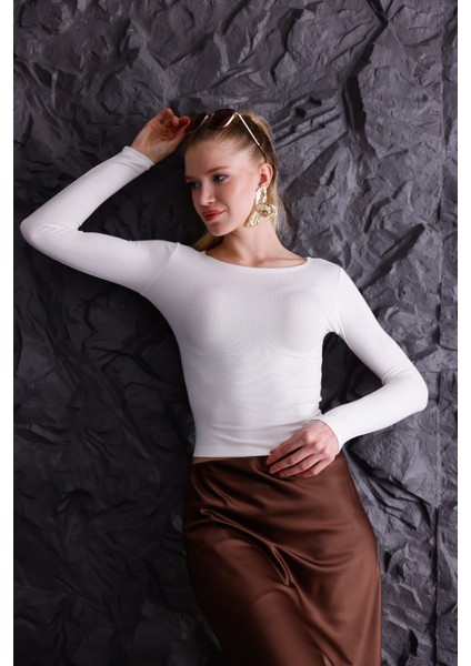 Buzzy Kumaş Uzun Kollu Kayık Yaka Bluz