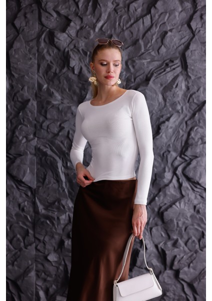 Buzzy Kumaş Uzun Kollu Kayık Yaka Bluz