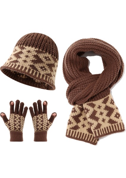 Kış Sıcak Örme Şapka Eşarp Eldiven Üç Parçalı Seti (Yurt Dışından)