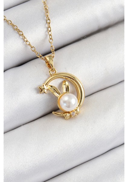 Bfs 316L Çelik Inci Detaylı Hilal Tavşan Model Gold Renk Kadın Kolye