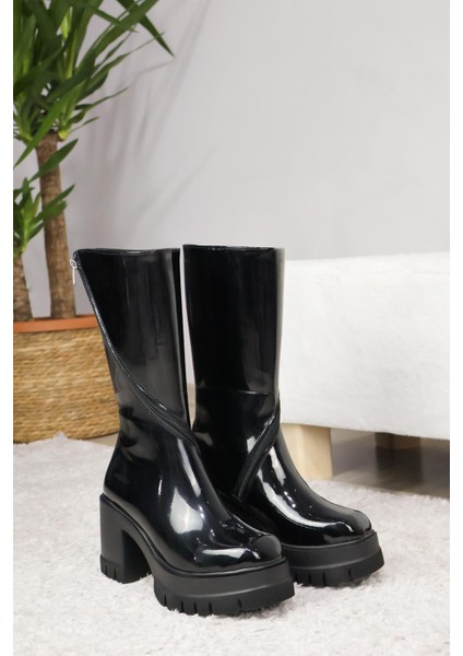 Kadın Liva Döner Fermuarlı 8 cm Topuklu Bot Siyah Rugan fırsatları