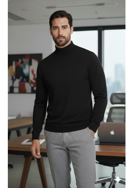 Erkek Siyah Yarım Balıkçı Yaka Standart Normal Kesim Regular Fit Yün Akrilik Karışımlı Triko Kazak