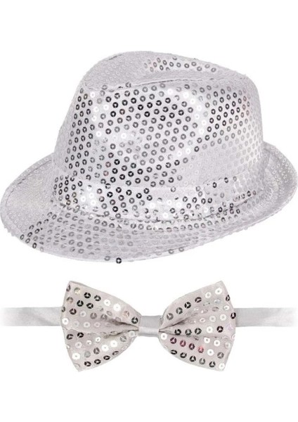 Gümüş Payetli Şapka ve Papyon Seti – Parıltılı Yetişkin Kostüm Seti fiyatları