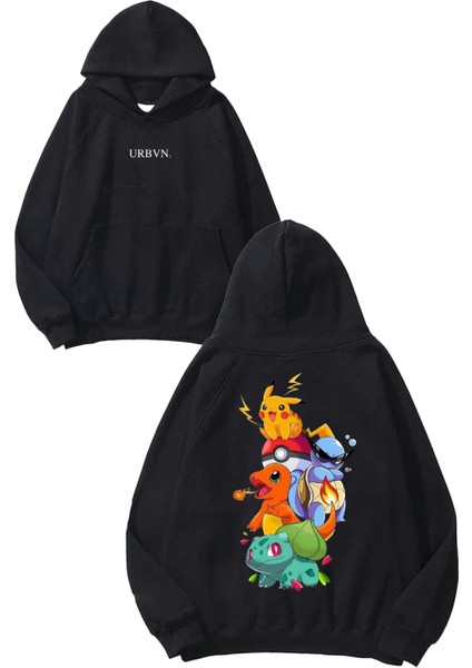 Pokemon 1 Tasarım Baskılı Oversize Siyah Kapüşonlu Sweatshirt
