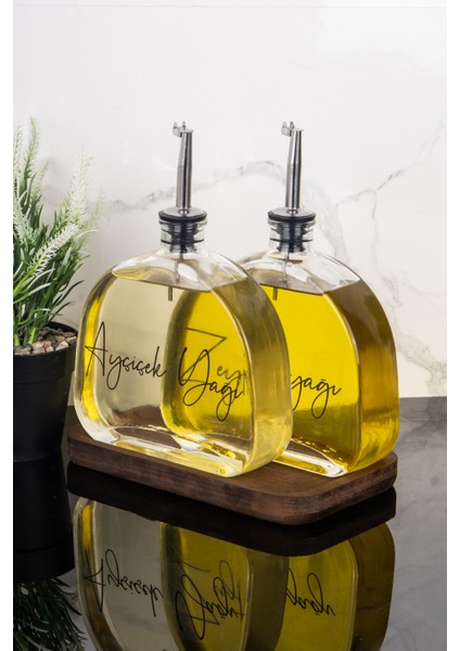 2li Lüx 500ML Yağdanlık Ahşap Standlı Silver Kapak Cam Yağlık Zeytinyağı Ayçiçekyağı Sosluk Sirkelik