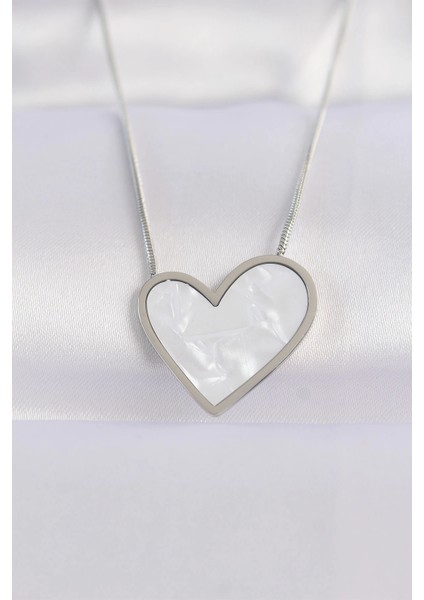 Bfs 316L Çelik Zincir Gümüş Renk Mermer Desenli Kalp Kolye