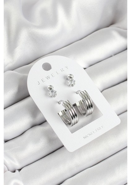 Bfs Pirinç Zirkon Taş ve Halka Figürlü Gümüş Renk 3'lü Çift Kadın Küpe Set