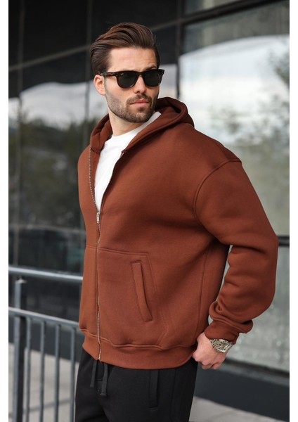 Kahverengi Fermuarlı Kapüşonlu Erkek Hırka E7174