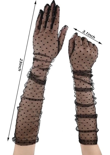 Uzun Boy Siyah Puantiyeli Siyah Renk Yetişkin Tül Eldiven 55 Cm