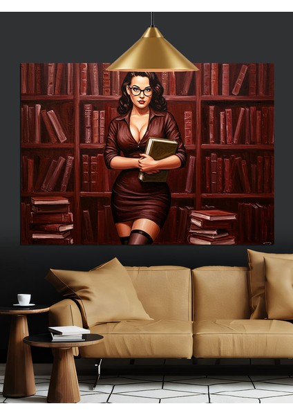 Kütüphanede Kırmızı Elbiseli Kadın Dekoratif Kanvas - Mdf Ahşap Tablo