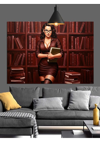 Kütüphanede Kırmızı Elbiseli Kadın Dekoratif Kanvas - Mdf Ahşap Tablo fiyatları