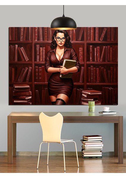 Kütüphanede Kırmızı Elbiseli Kadın Dekoratif Kanvas - Mdf Ahşap Tablo fırsatları