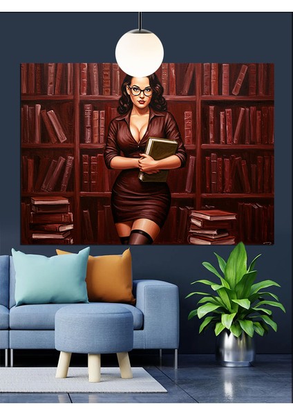 Kütüphanede Kırmızı Elbiseli Kadın Dekoratif Kanvas - Mdf Ahşap Tablo indirimleri