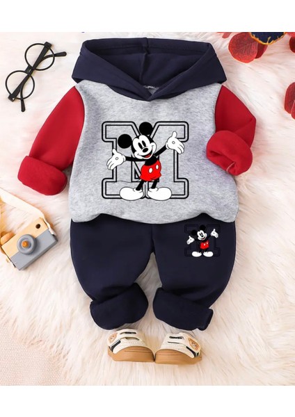 Punıx Kıds Özel Üretim Kapüşonlu M Minik Fare Baskılı Renkli Kol %100 Pamuk Kışlık Erkek Çocuk Eşofman Takımı