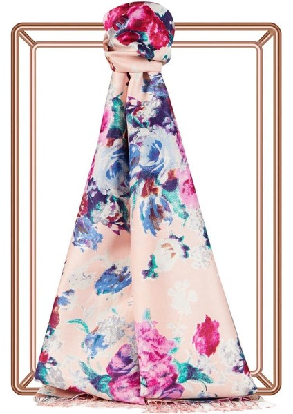 Ipekevi Desenli Ipek Şal - Gül Bahçesi Desenli - Toz Pembe