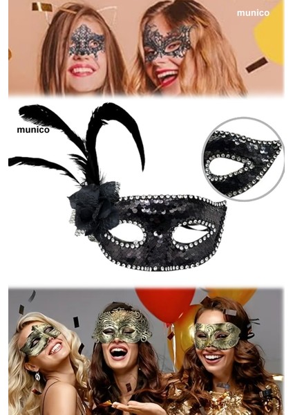 3 Adet Siyah Pullu Parti Maskesi – Güllü, Tüylü ve Taşlı Tasarım | 20X22 cm Maskeli Balo Aksesuarı