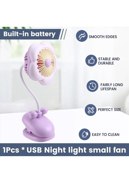 USB Şarj Edilebilir Klipsli Vantilatör Sevimli Tasarım Çiçek 360° Dönebilen LED Işıklı Soğutmalı Bebek Arabası Kampı Için - Renkli (Yurt Dışından) fırsatları