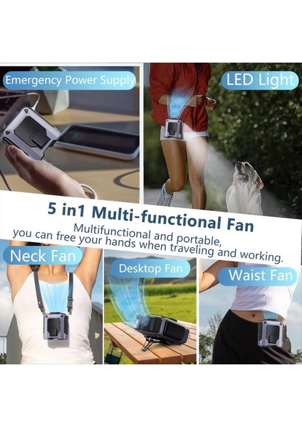 Bel Klipsi Taşınabilir Mini Askılı Boyun Fanı 4000MAH USB Şarj Edilebilir LED Işık Küçük Kamp (Yurt Dışından) modelleri