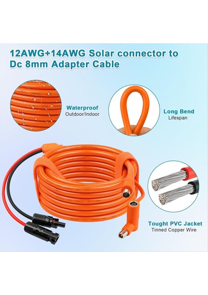 Güneş Paneli - Dc 8mm Adaptör Kablosu 2 M, Konnektör DC7909/8020 Erkek Fiş Uzatma Kablosu, Kalaylı Bakır Tel (Yurt Dışından) fırsatları