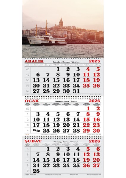 2026 Yılı Gemici Takvimi-Galata Kulesi ,galata Köprüsü ve Vapur