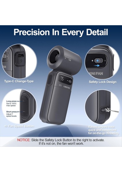 Mini Taşınabilir Vantilatör, El Tipi Vantilatör 40000 Rpm Turbo Yüksek Hızlı, Çift Modlu (100 Seviye ve 7 Hız), Seyahat/kamp/plaj Için (Yurt Dışından) fiyatları