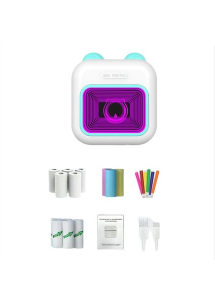 Mini Etiket Yazıcısı Rgb Işık Bluetooth Cep Mürekkepsiz Termal 10 Rulo Kağıt ve 5 Kalem Fmo B (Yurt Dışından)