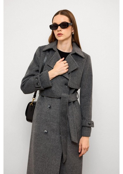 Pelerin Detaylı Kruvaze Kaban Koyu Gri 3091