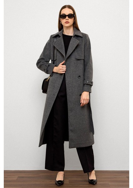 Pelerin Detaylı Kruvaze Kaban Koyu Gri 3091