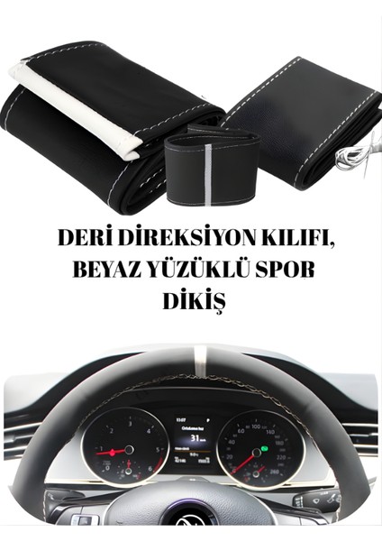 Volkswagen Scirocco Deri Direksiyon Kılıfı Prime Kalite, Beyaz Şeritli Spor Dikiş