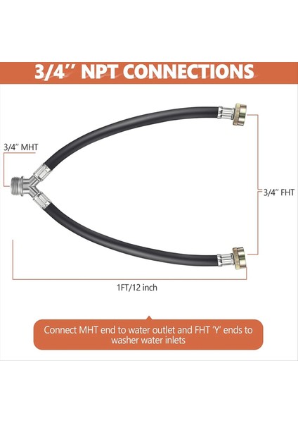 Kauçuk Çamaşır Makinesi Y Hortumu, 3/4 Inç Pirinç Bağlantı Parçaları, 1 Ft (12 Inç) Uzunlukta Sıcak ve Soğuk Su Mikseri Hortum Bağlantısı (Yurt Dışından) indirimleri