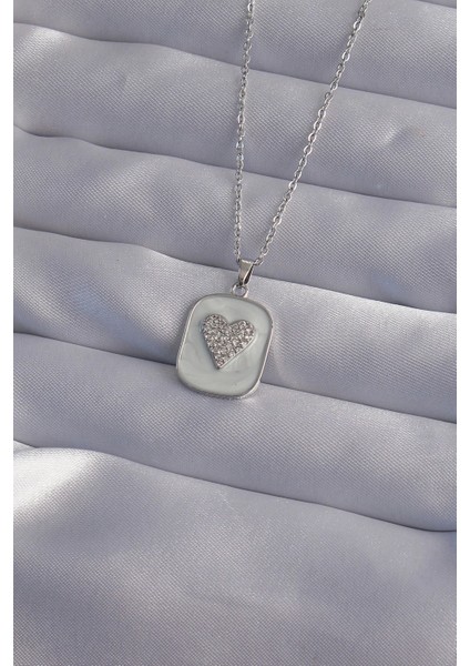 Bfs 316L Çelik Zincir Mermer Desenli Gümüş Renk Zirkon Taşlı Kalp Model Kolye