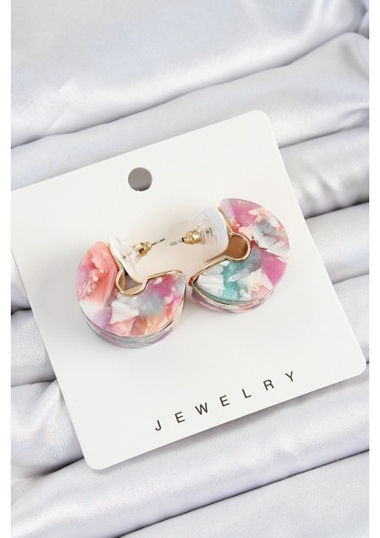 Bfs Pirinç Mermer Desenli Vintage Yarım Halka Model Gold Renk Kadın Küpe