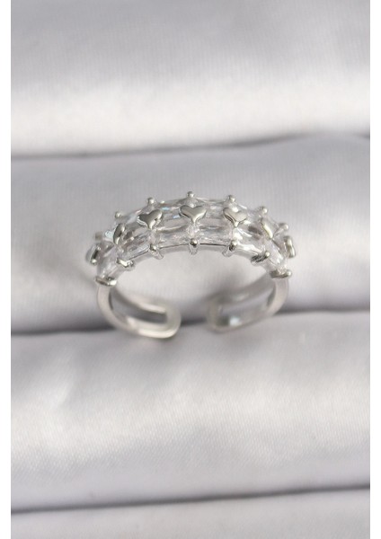 Bfs Pirinç Gümüş Renk Zirkon Taşlı Ayarlanabilir Yüzük