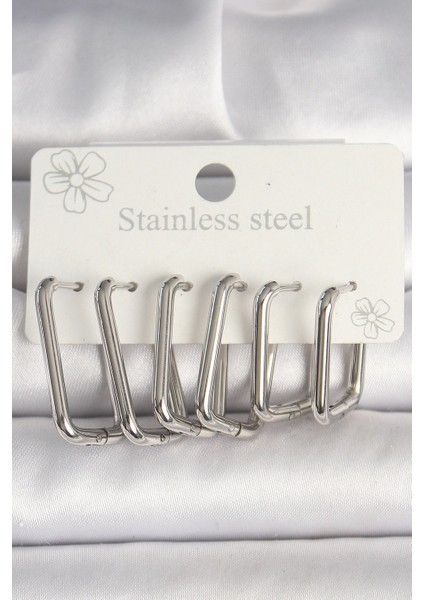 Bfs 316L Çelik Gümüş Renk Kare Model Kadın Küpe Seti