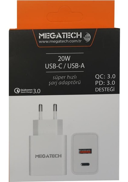 Megatech 20W Beyaz Usb-C Usb-A Şarj Kafa Qc:3.0-Pd:3.0 fiyatları